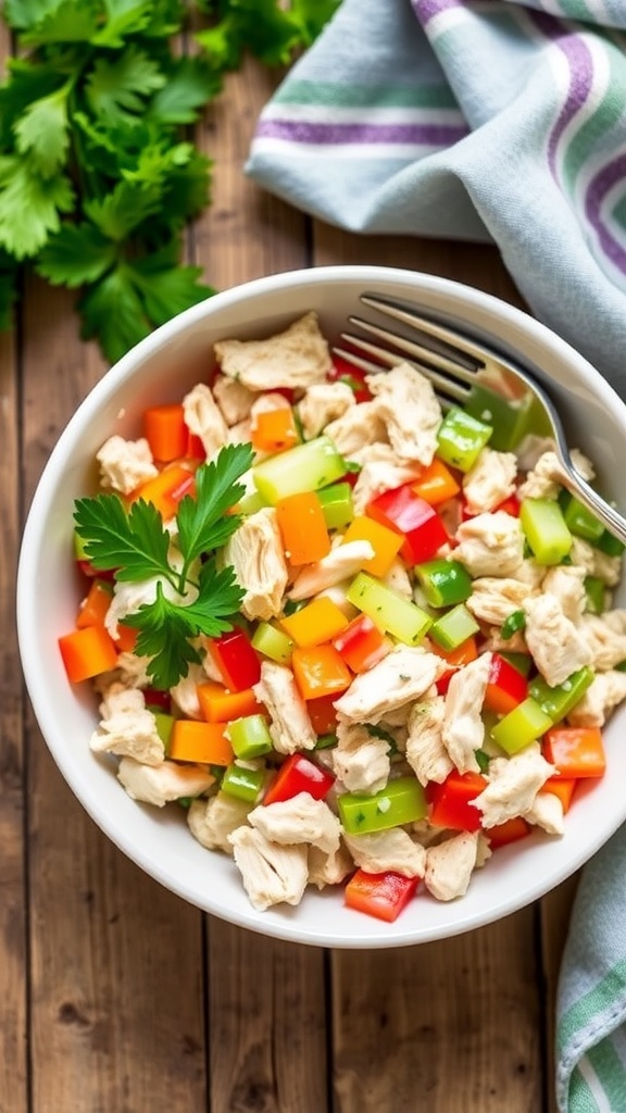 A healthy chicken salad with shredded chicken, celery, and bell peppers in a bowl, garnished with parsley.